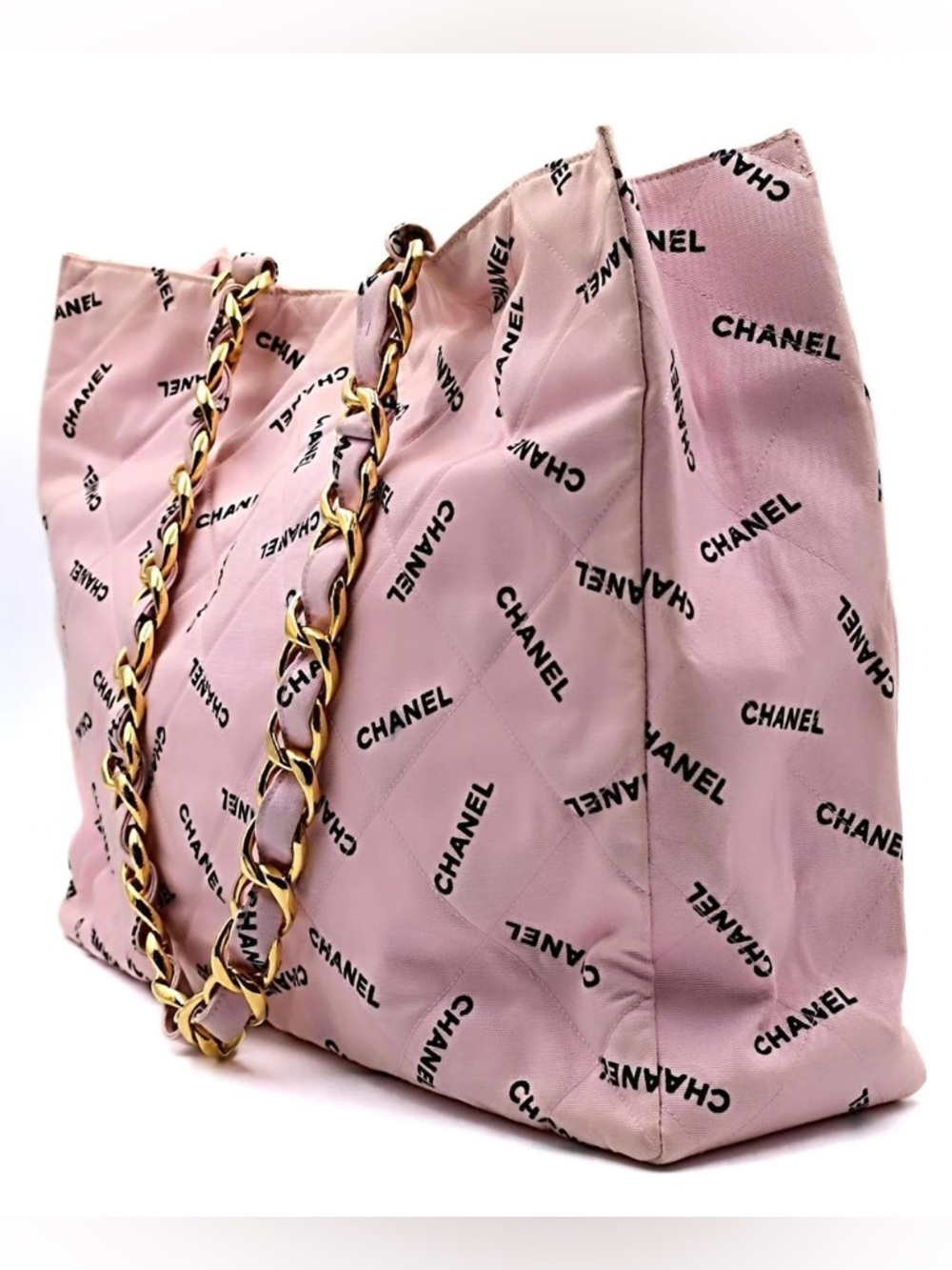 As-is CHANEL Pink Quilted Logo Chain-Detail Tote